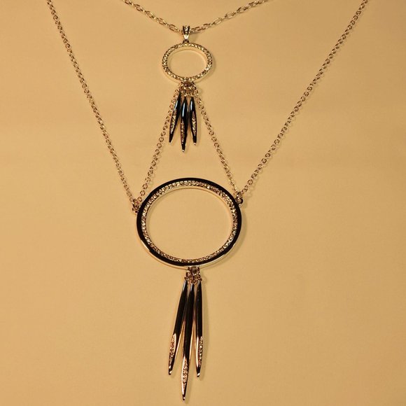 BCBGeneration Layered Circle Silver Necklace w/ rhinestones, Lobster claw clasp - Picture 6 of 9